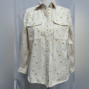 J Crew Medium Shirt Top. Cream Gold Star Button Down Jean Down Long Sleeve.